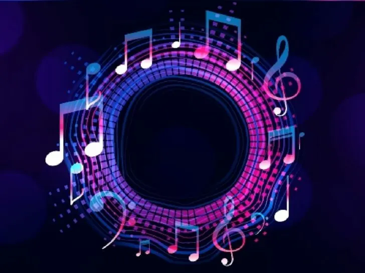 Blue and purple musical notes in a circle