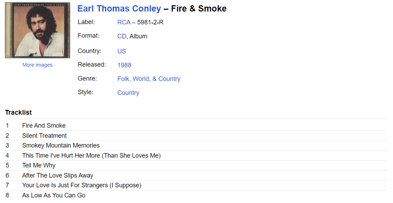 Earl Thomas Conley's song Fire and Smoke