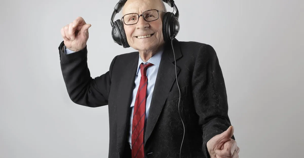 Elderly man dancing with headphones on
