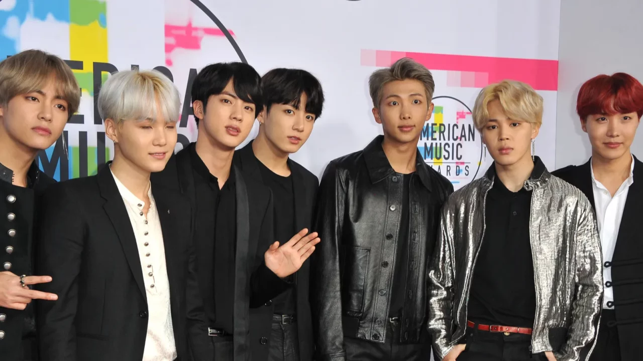 Jungkook, Jimin, V, Suga, Jin, J Hope, and RM of BTS.