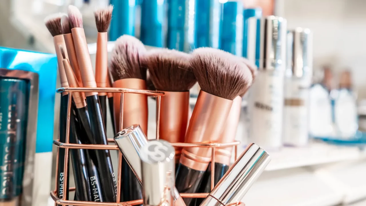 Makeup brushes in a stand.