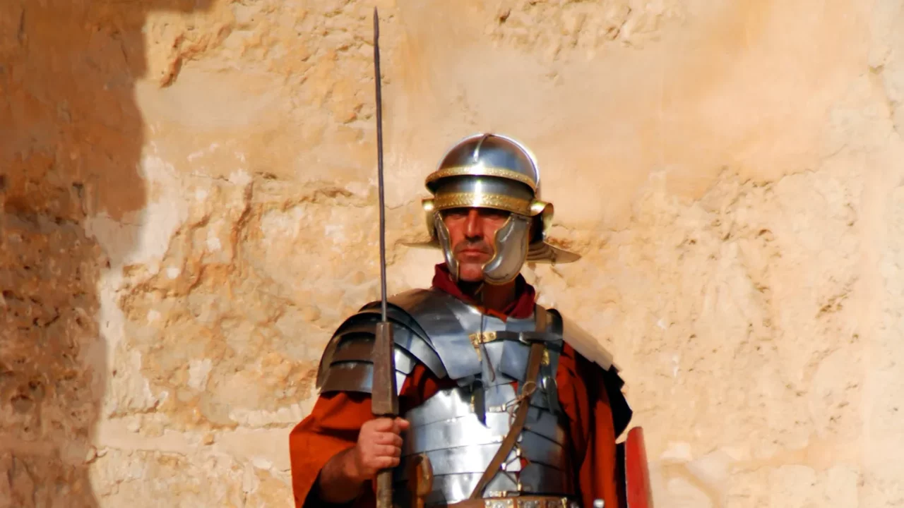 jerash  november 25 jordanian man dress as roman soldier