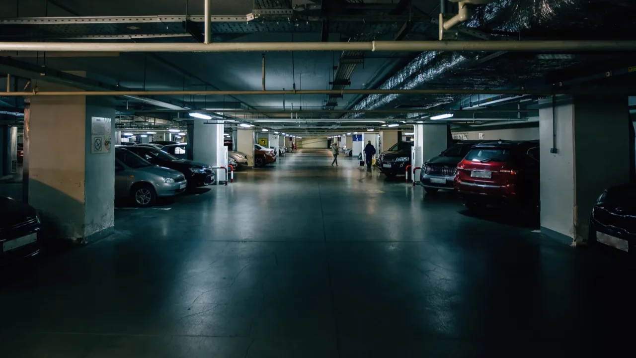 A dark parking lot.