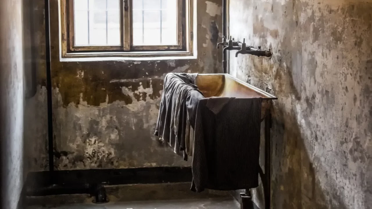 A creepy old bathroom.